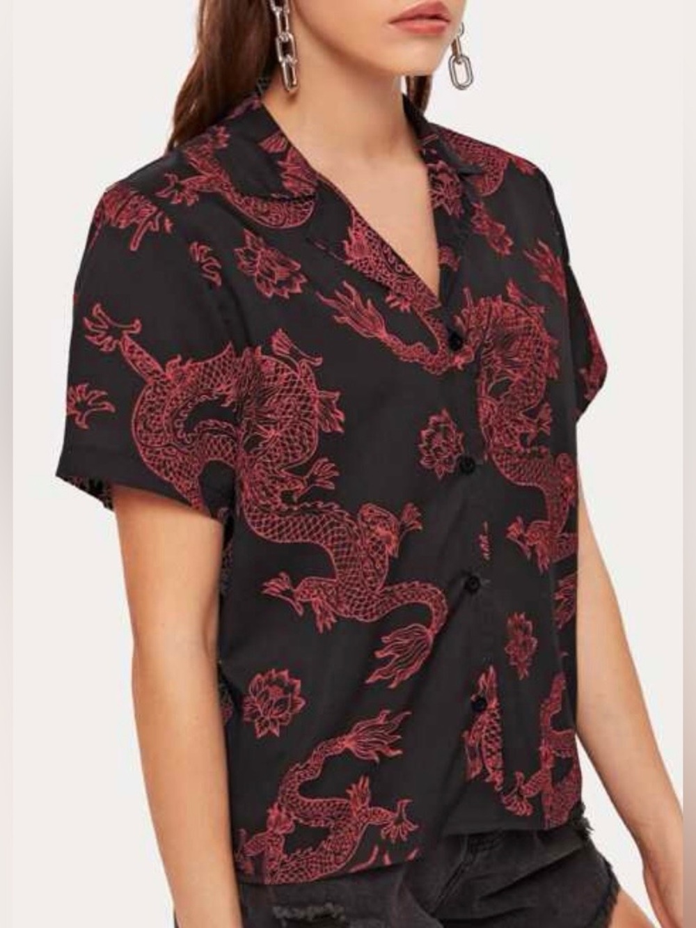 ROMWE Black Button-Down Shirt with Red Dragon Print